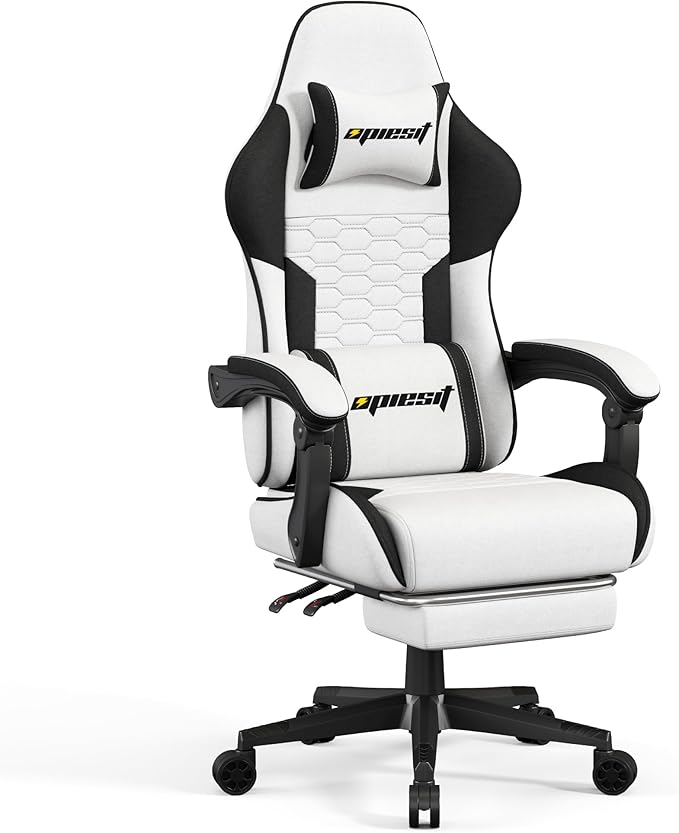 Gaming Chair, Fabric Computer Chairs with Lumbar Support and Massager, Ergonomic Office Chair with Footrest & Pocket Spring Cushion, Bearing 400 LBS(White)