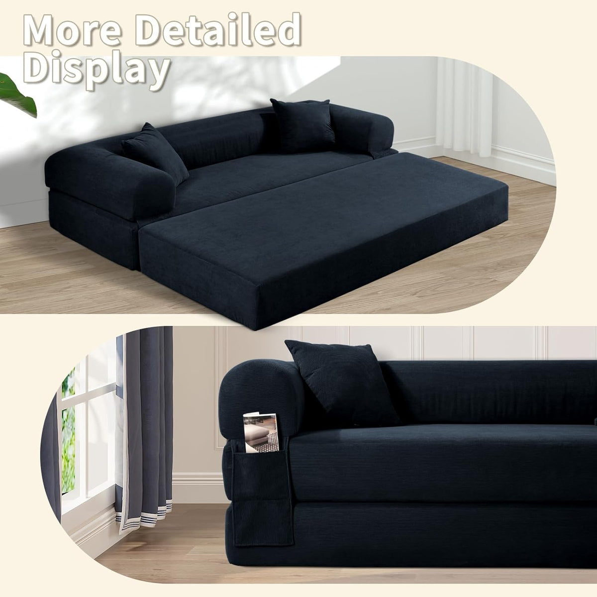 80" Convertible Sofa Bed, 3-in-1 Corduroy Folding Pull Out Couch with Pillows, No Assembly Modern Boneless Couch Compression Sofa in Box, Floor Sofa with Side Storage Pocket for Living Room,Navy Blue