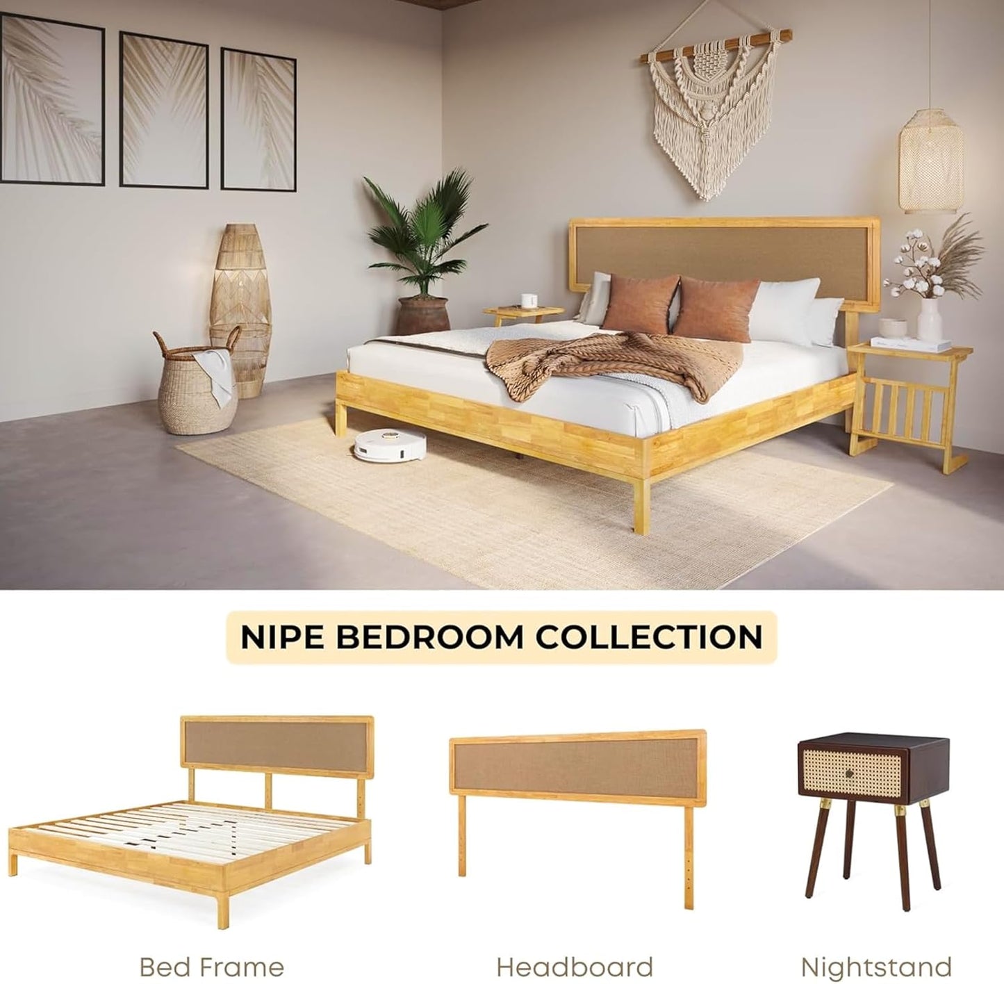 Bme Nipe King 14 Inch Bohemian Bed Frame with Adjustable Woven Headboard - Rustic & Vintage Unique Style with Acacia Wood - No Box Spring Needed - Easy Assembly - Natural