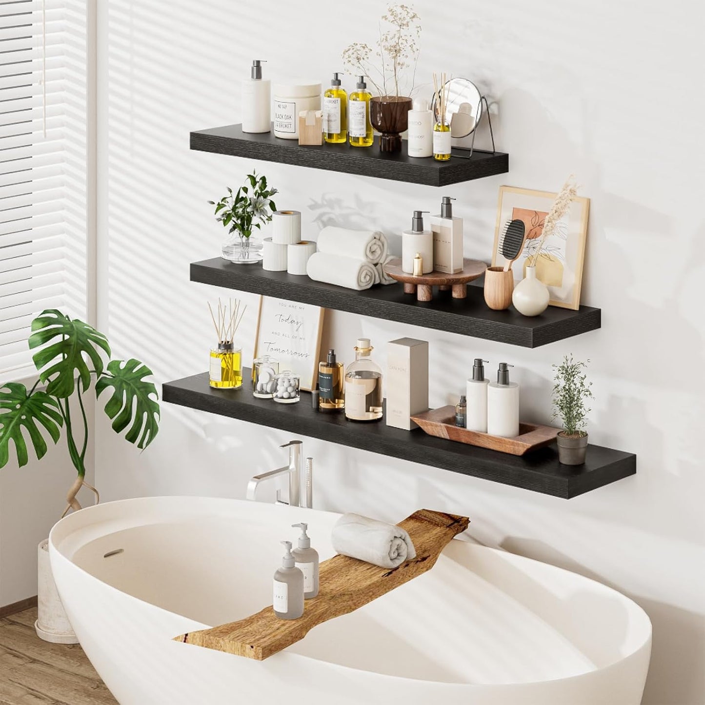 Heimlove 36 Inch Long Floating Shelf for Wall, 12" Deep Black Floating Shelves Wall Shelves for Bedroom Living Room Bedroom, Wall Mounted Shelves for Storage Book Decor, Set of 2