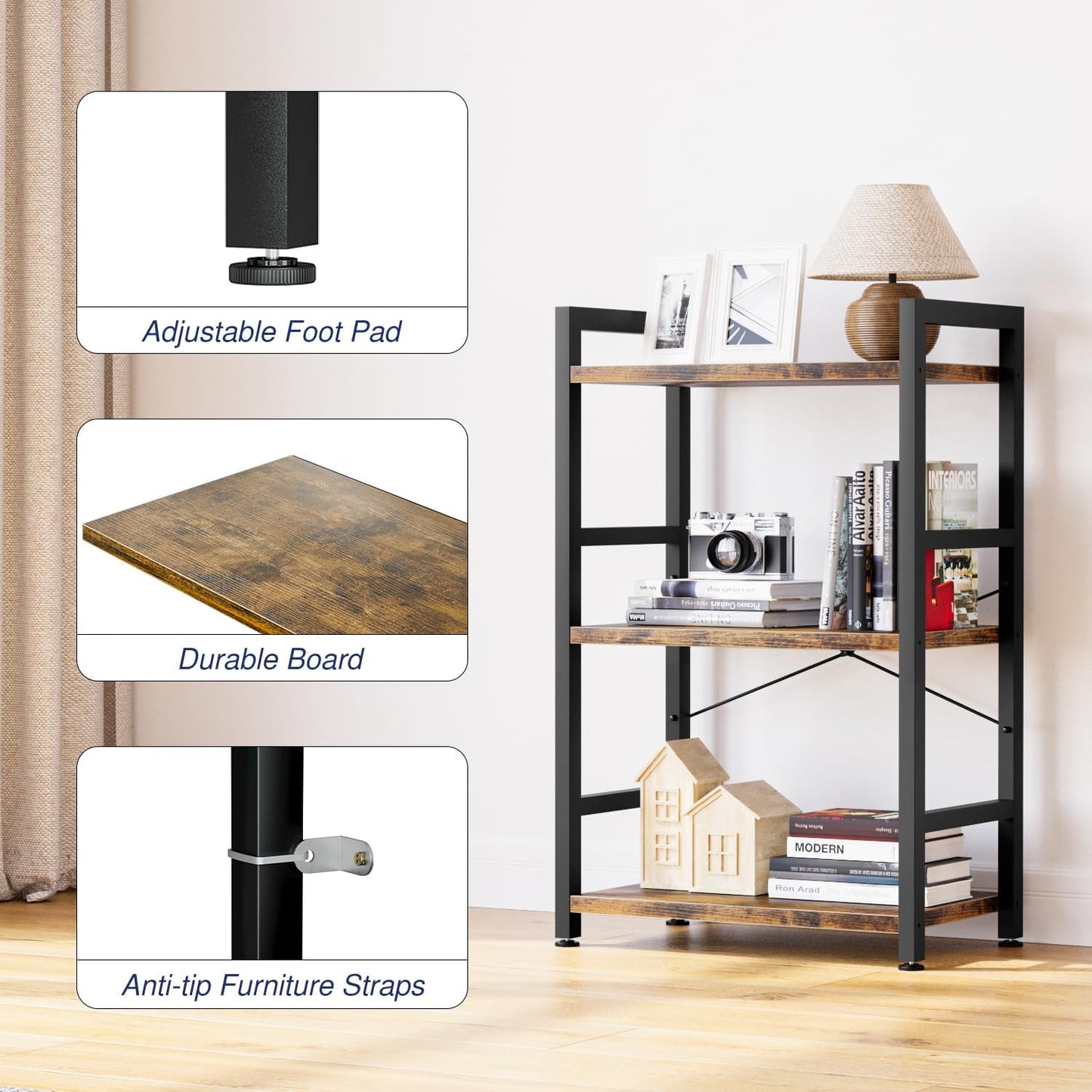 NUMENN 3 Tier Slim Bookshelf, Bookcase Shelf Storage Organizer, Modern Book Shelf for Bedroom, Living Room and Home Office, Vintage