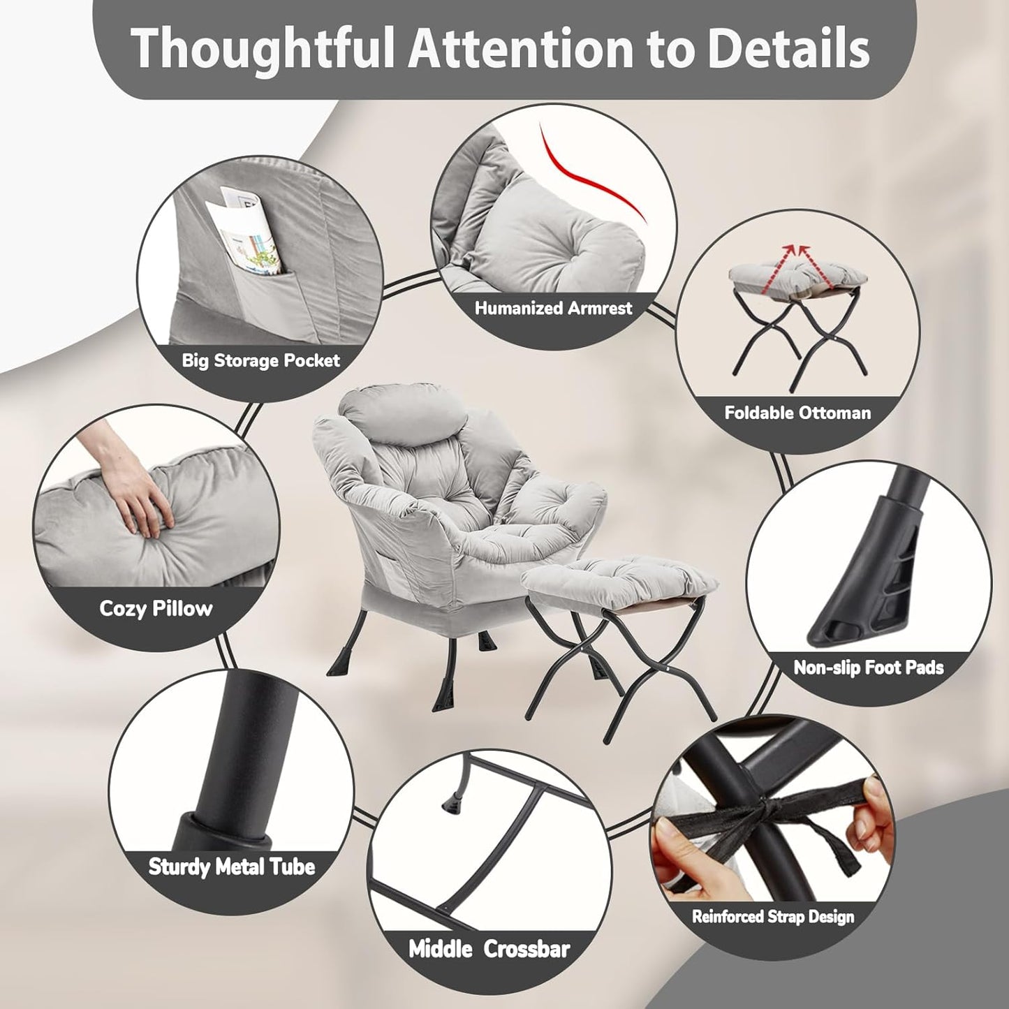 Lazy Chair with Folding Ottoman, Accent Chair Velvet Upholstered with Metal Structure and Non-Slip Pads, Sofa Armchair with Footrest and Side Storage Bag for Dorm, Room, Office, Light Gray