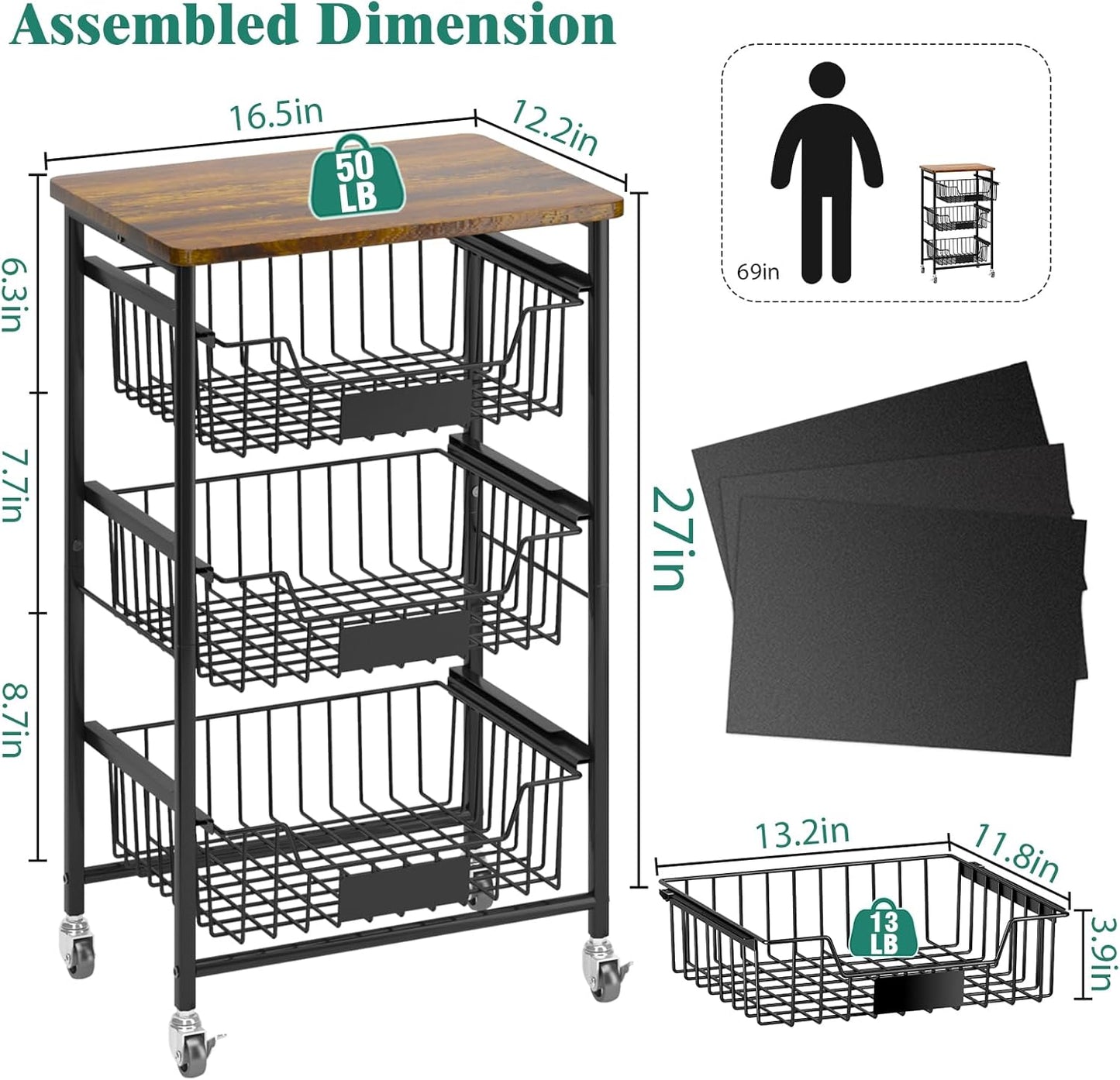 4-Tier Vegetable Fruit Basket Kitchen Storage Rolling Cart on Wheels with Pull-Out Baskets and Wood Top for Kitchen Diningroom Pantry