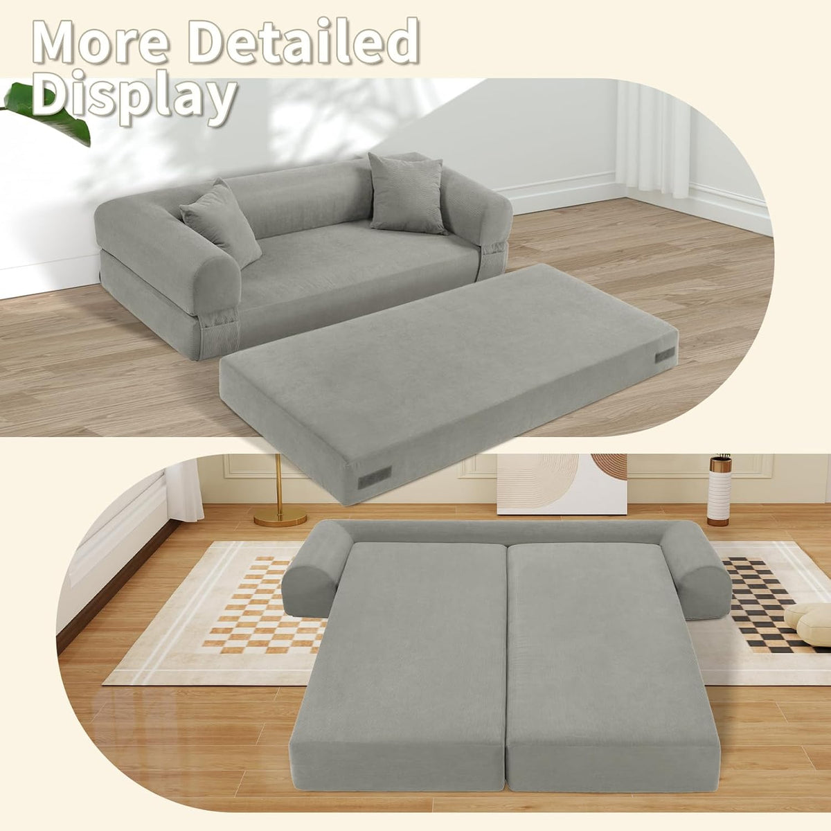 80" Convertible Sofa Bed, 3-in-1 Corduroy Folding Pull Out Couch with Pillows, No Assembly Modern Boneless Couch Compression Sofa in Box, Floor Sofa with Side Storage Pocket for Living Room,Light grey