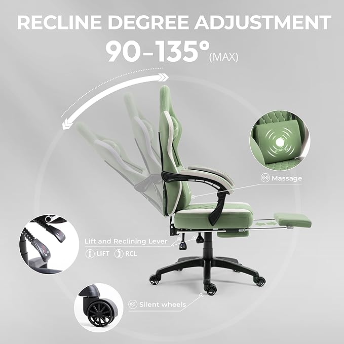 Dowinx Gaming Chair Breathable Fabric Game Chair with Gel Pad and Storage Bag, Comfortable Gamer Chair with Pocket Spring Cushion, Ergonomic Computer Chair with Footrest, Green