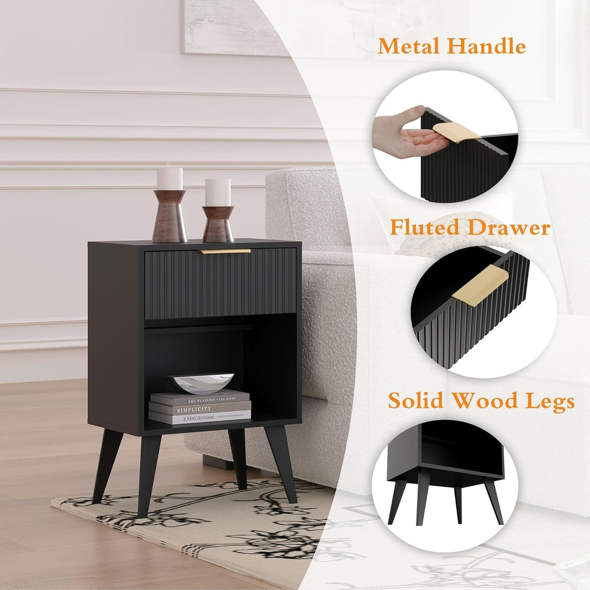 Fluted Night Stand with Opening Storage,Mid Century Bedside Table with Drawer,Modern Nightstand with Solid Wood Legs,End Table Side Table for Living Room,Bedroom,Black CTG56BK