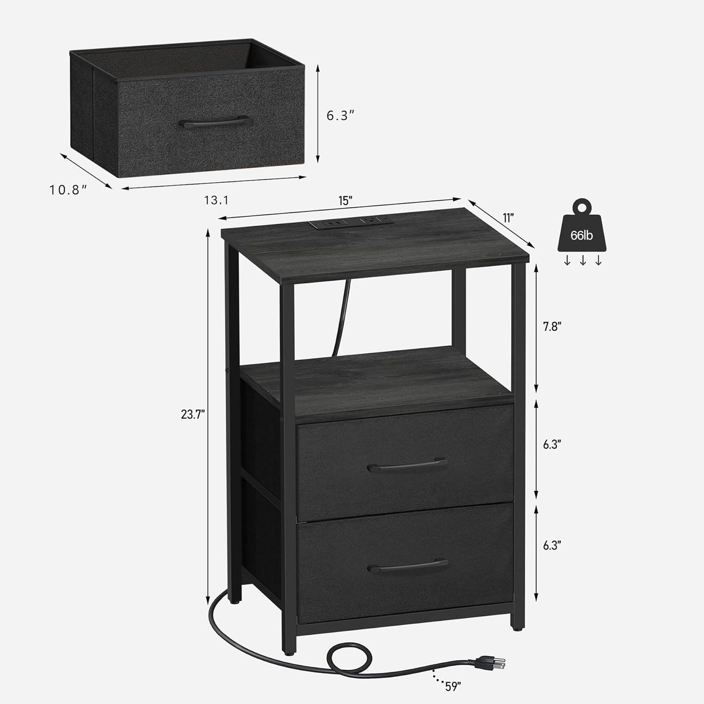 TUTOTAK End Table with Charging Station, Night Stand, Side Table with 2 USB Ports and Outlets, Nightstand with Cloth Drawer, Bedside Table for Livingroom, Bedroom Charcoal Grey TB01BY088