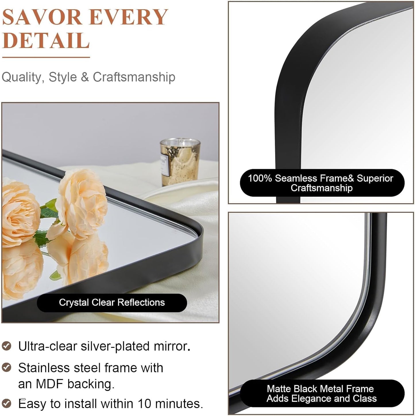ANDY STAR Wall Mirror for Bathroom, 30x36 Matte Black Bathroom Mirror, Modern Stainless Steel Metal Frame Rounded Corner Rectangle Mirror for Vanity