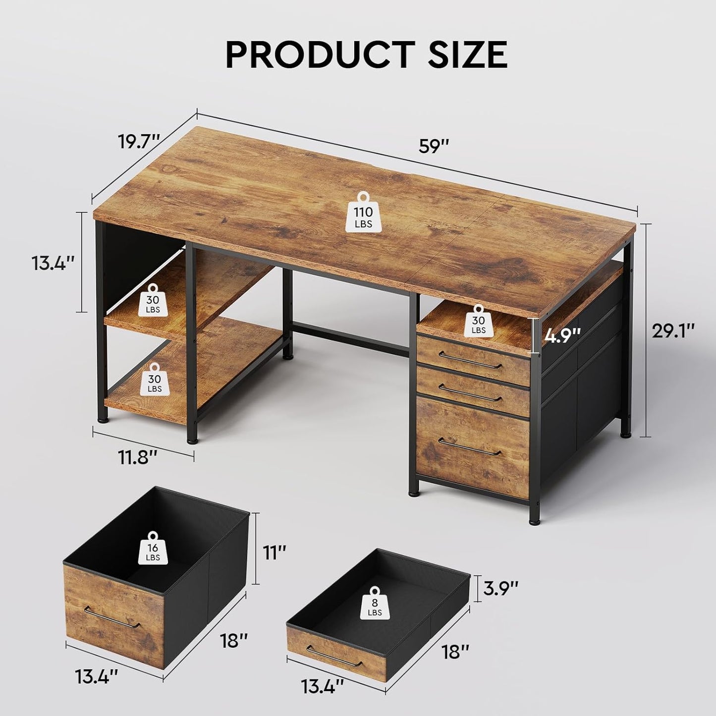 Maihail 59" Computer Desk with 3 Fabric Drawers and Wooden Shelves for Home Office, Study, Bedroom, Work-from-Home Games & Desk, Rustic Brown