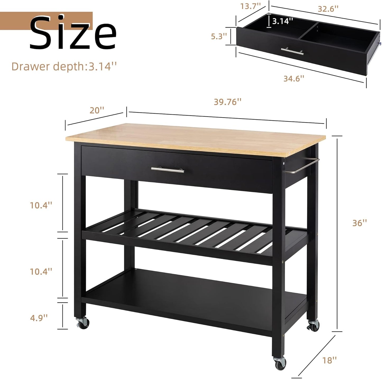 Shintenchi Kitchen Island Cart with Storage,Rolling Kitchen Island Side Table on Wheels with Large Worktop,Storage Cabinet,Towel Rack,Drawers and Open Shelves for Kitchen,Dinning Room,Black
