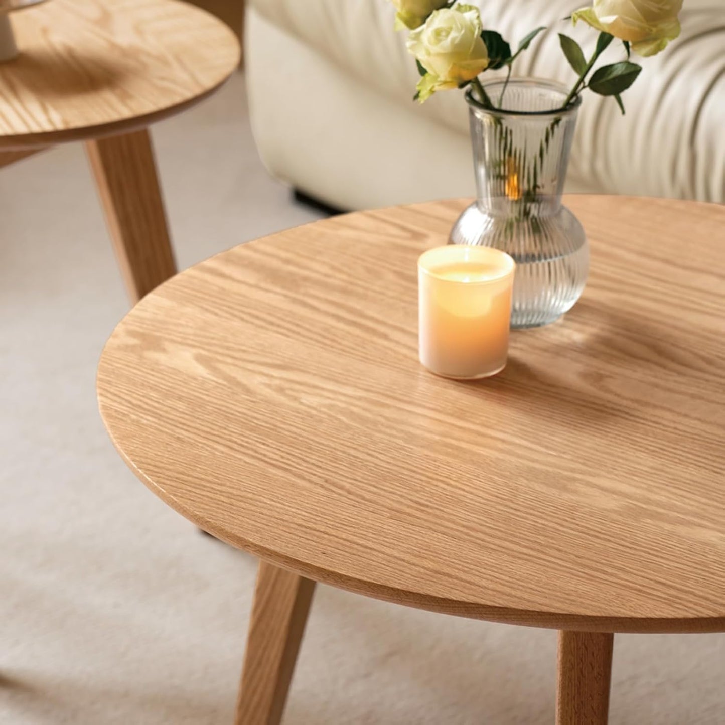 100% Solid Oak Wood Mini Coffee Table, Round Side Table w/Solid Wood Legs, Walnut Mid Century Coffee Table w/Sturdy Frame for Bedroom Balcony Living Room (29.53" D x 17.72" H)