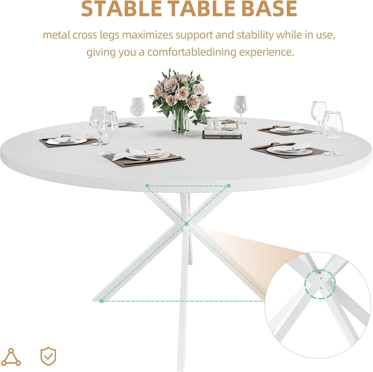 47.24" Round Dining Table, Modern Dining Room Table for 4-6 Person, Wood Round Kitchen Table with Metal Legs, Round Coffee Table for Home Dining Room Living Room (White)