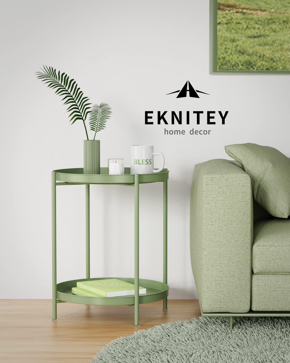 EKNITEY 2 Tier End Table - Metal Side Table Waterproof Small Sofa Coffee Side Tables Bedroom Indoor Outdoor with Removable Tray for Living Room Bedroom Balcony and Office (Atrovirens)