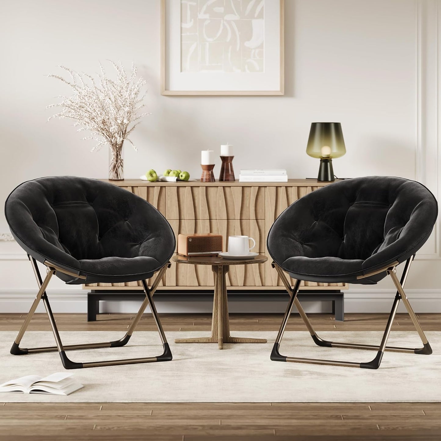 Comfy Saucer Chairs, Black Folding Reading Lounge Chair, Cozy Faux Fur Living Room Chair with Soft Thick Padded Seat & Metal Frame, Modern Style Bedroom Home for Kids Adults, X-Large, Gold Legs
