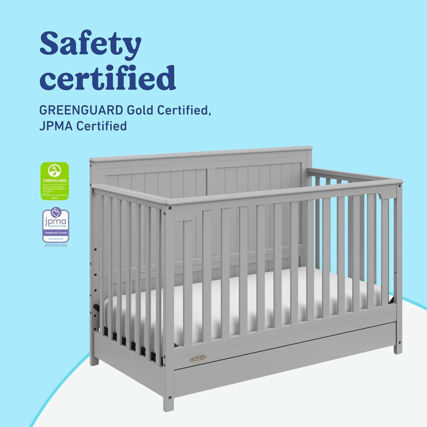 Graco Hadley 5-in-1 Convertible Crib with Drawer (Pebble Gray) – GREENGUARD Gold Certified, Crib with Drawer Combo, Full-Size Nursery Storage Drawer, Converts to Toddler Bed, Daybed