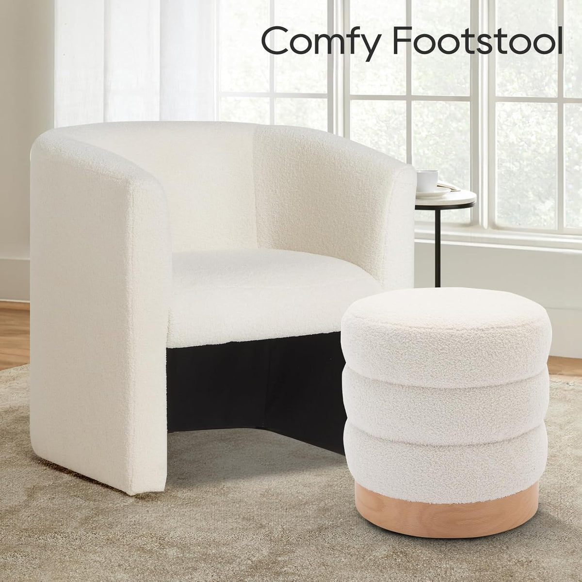 COLAMY Sherpa Ottoman Footstool, Tufted Modern Foot Rest Stool with Wood Base for Living Room, Bedroom, Desk, Round Versatile Side End Table, Pouf, Makeup Seat, Cream
