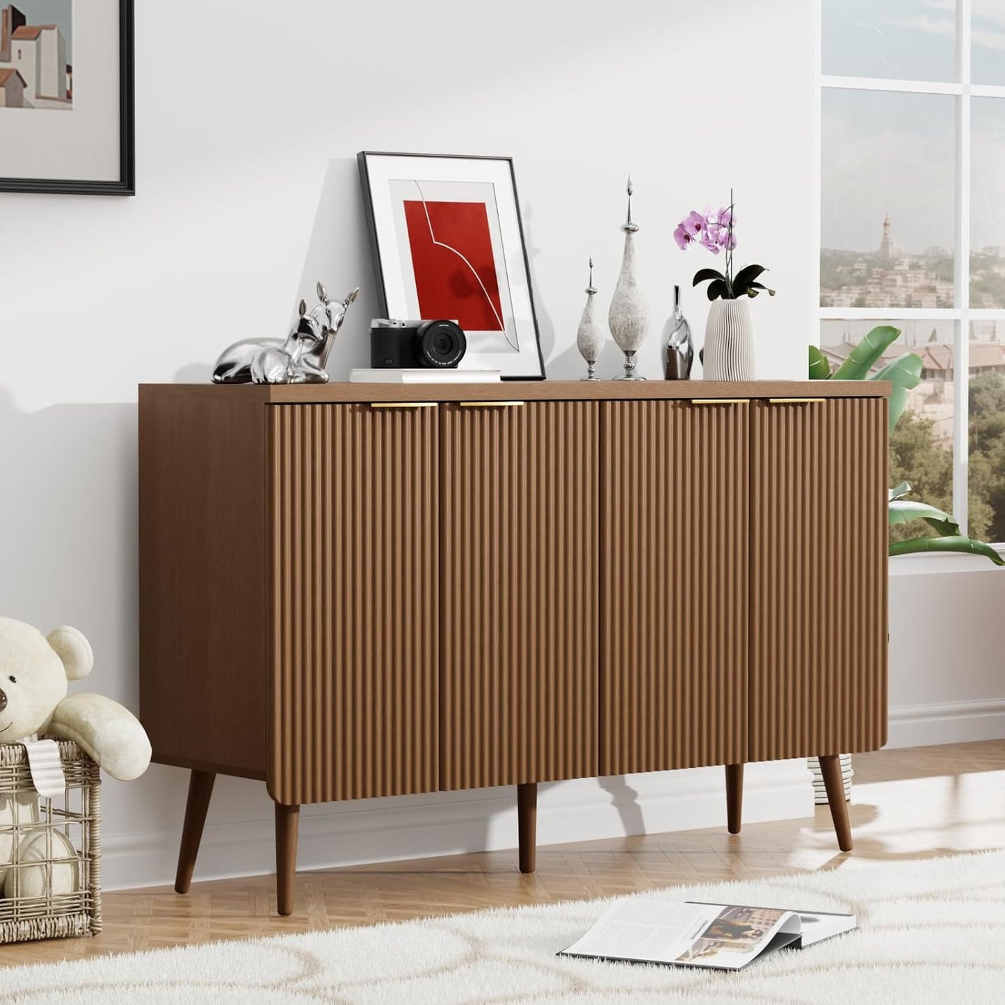 Fluted Buffet Cabinet – Modern Wood Sideboard with 4-Doors & Shelves, Multifunctional Storage Cabinet & Credenzas for Entryway, Dining & Living Room, Black