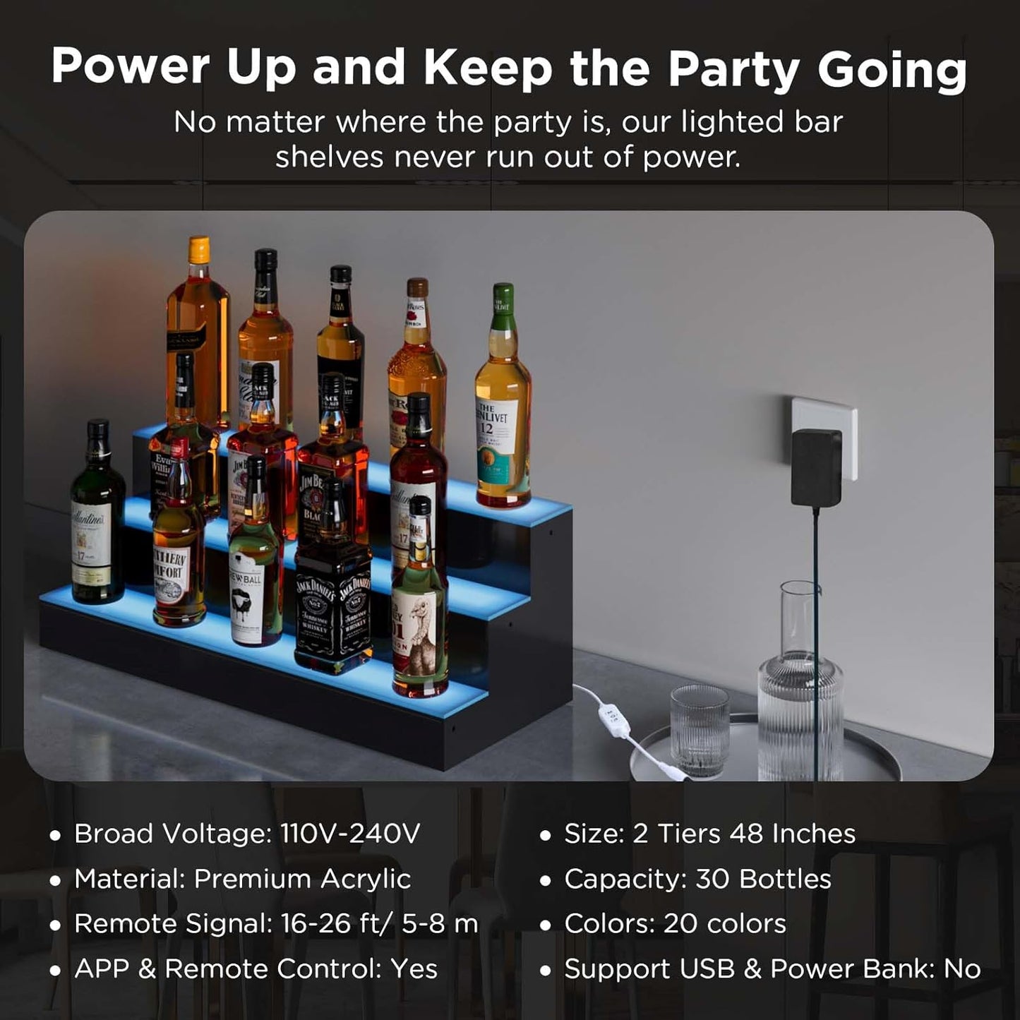 Dethan 2 Tier 48 Inch LED Lighted Liquor Bottle Display Shelf - Illuminated Wine Racks with Multi-Color App & Remote Control, Adjustable Brightness & Sound Modes, Acrylic Bar Shelves for Club Displays