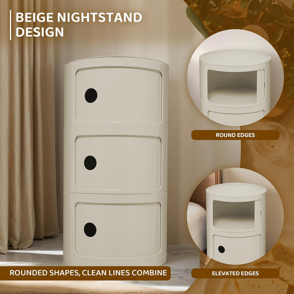 3 Tier Round with Storage, Modern Style Side Table, Multifunctional End Table Storage Cabinet for Living Room, Bedroom, Bathroom (Beige)