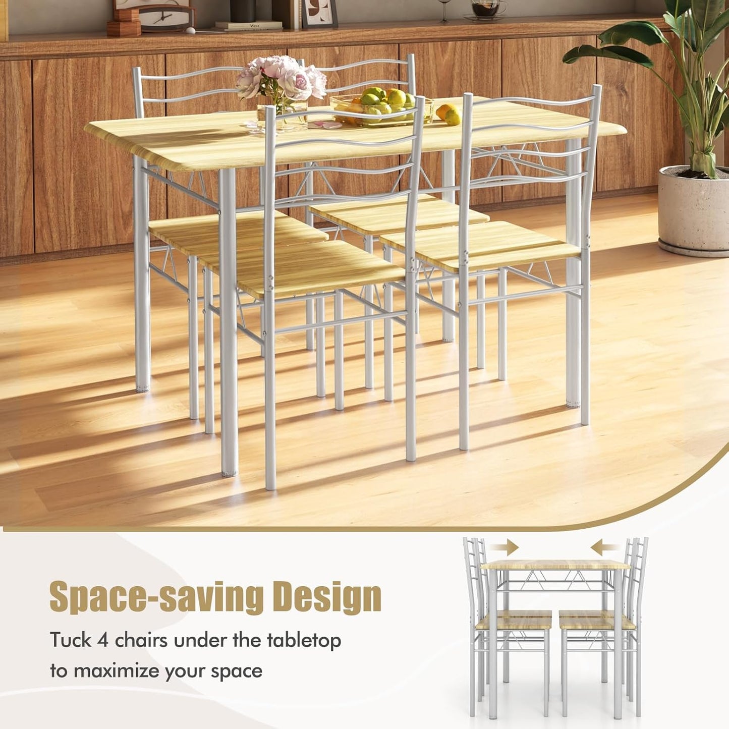 5 Piece Dining Table Set for 4 Chairs Modern Wood Metal Kitchen Breakfast Furniture (Shallow Walnut)