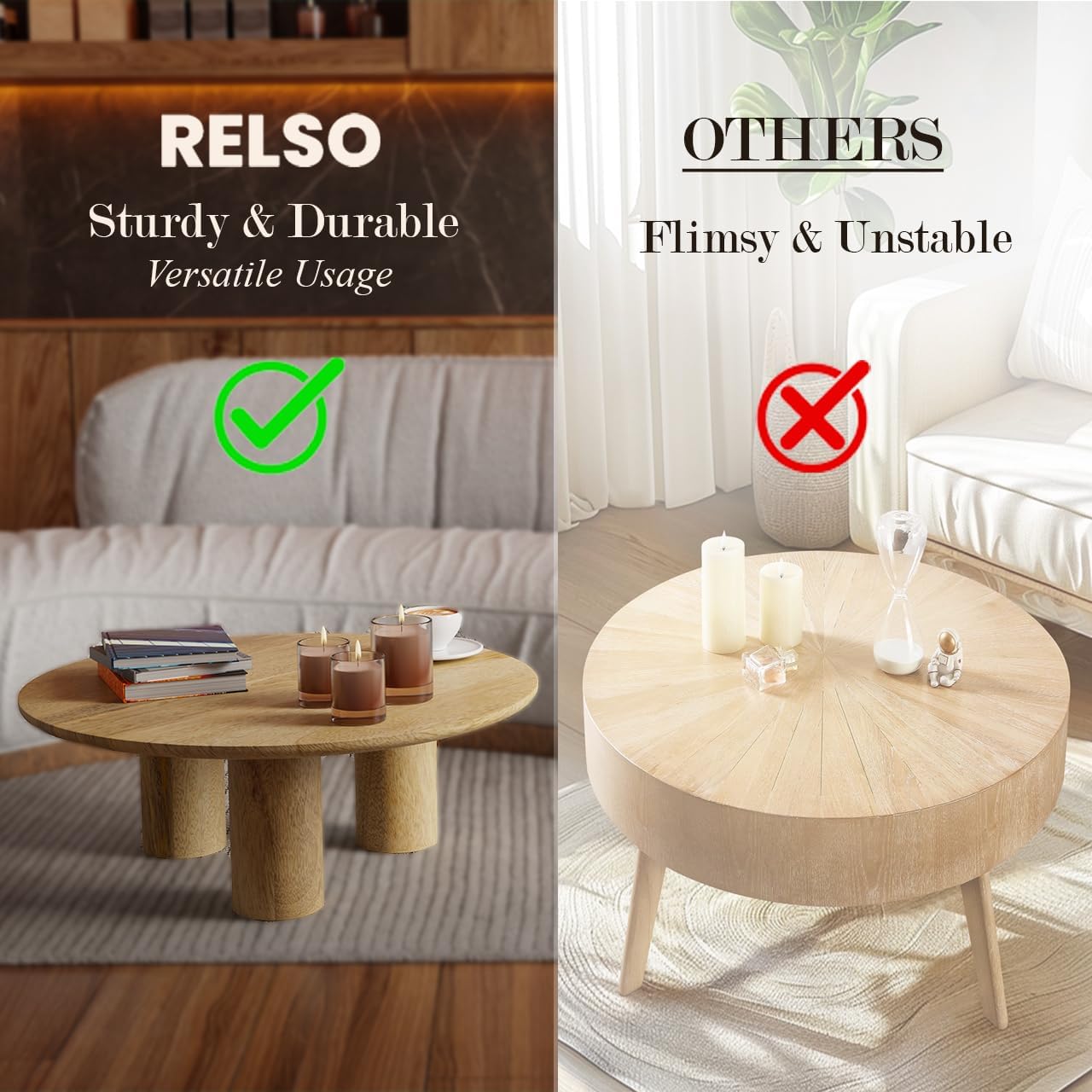 Relso Gaia Round Coffee Table, Natural Mango Wood Coffee Table with Wood Grain and Sturdy Finish | Perfect for Living Room and Farm House - Sturdy, Durable, Ideal for Patio Decor (Natural, 14 inch)