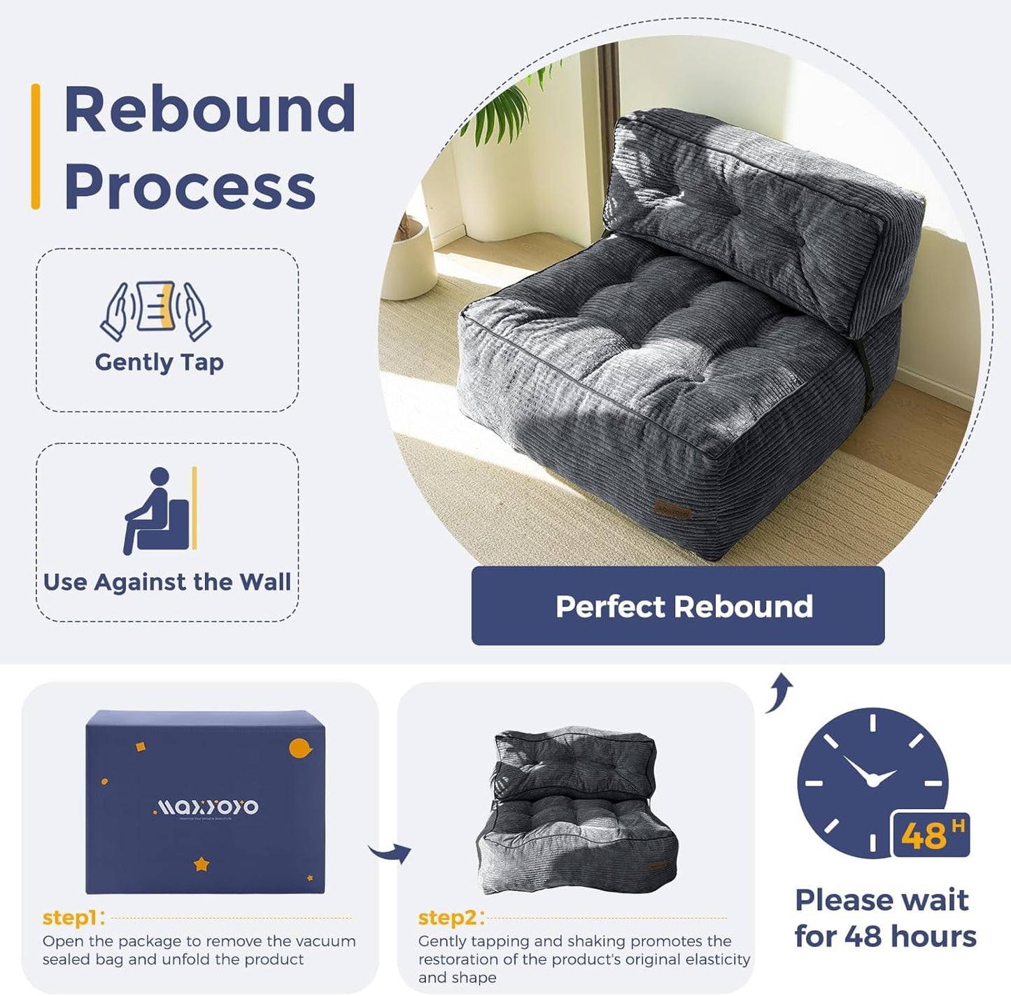 MAXYOYO Floor Sofa Bean Bag Sofa Couch, Comfy Floor Couch with Back Support, Portable Bean Bag with Filling, Corded Chair Seating for Living Room Bedroom Apartment, Dark Grey