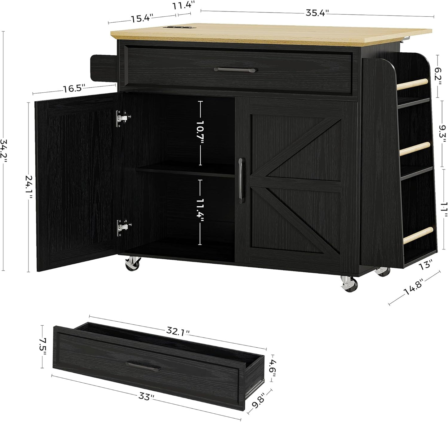 IRONCK Kitchen Island Cart with Storage, Rolling Kitchen Table with Power Outlet, Storage Cabinets on Wheels with Drop Leaf, Portable for Dining Room, Black