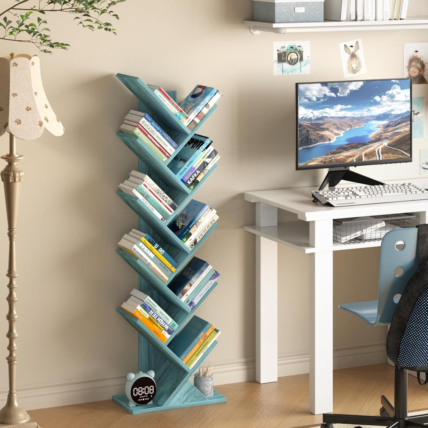 10 Tier Tree Book Shelf, Floor Standing Wood Bookshelf for Narrow Space, Storage Organizer Bookshelves for Books/CDs/Magazine, Bookcase with Shelves for Home Office, Living Room - Blue