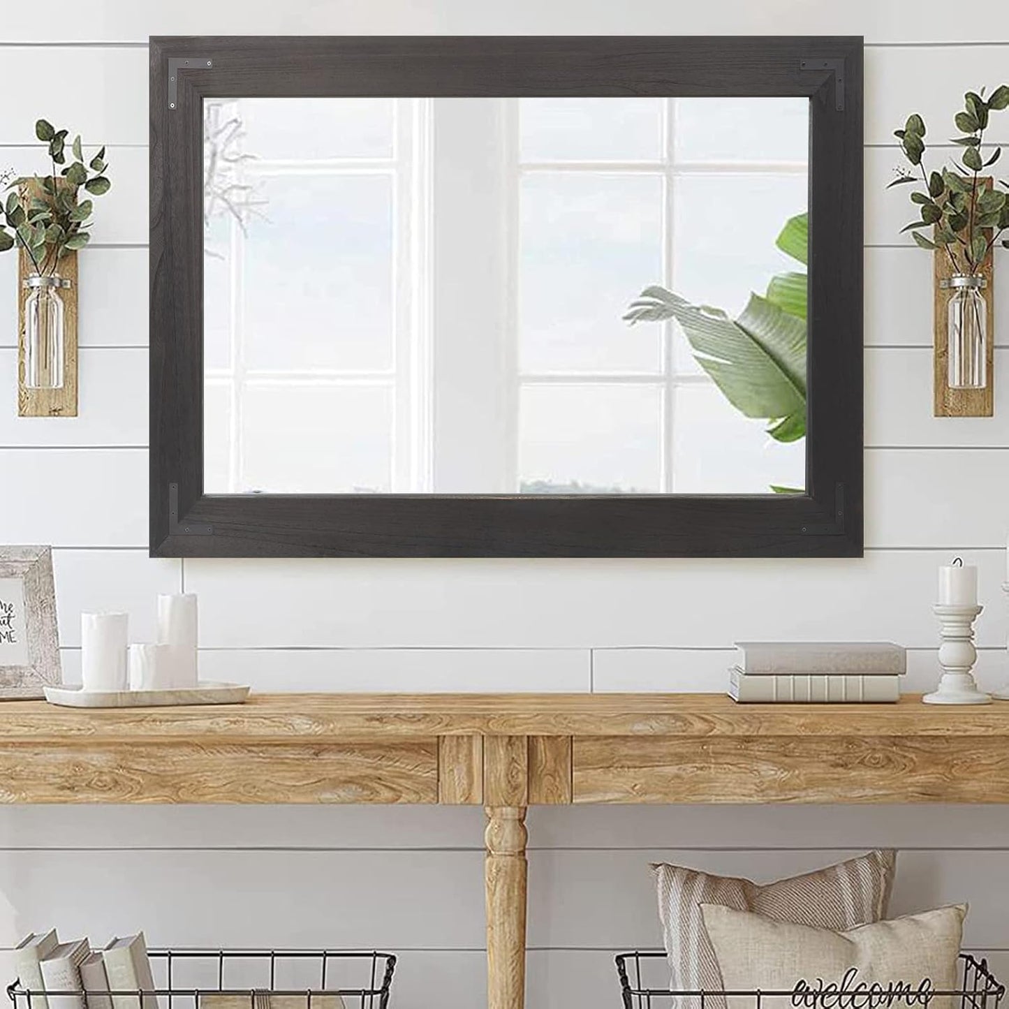 YOSHOOT Rustic Wooden Framed Wall Mirror, Natural Wood Bathroom Vanity Mirror for Farmhouse Decor, Vertical or Horizontal Hanging (40" x 26", Black)