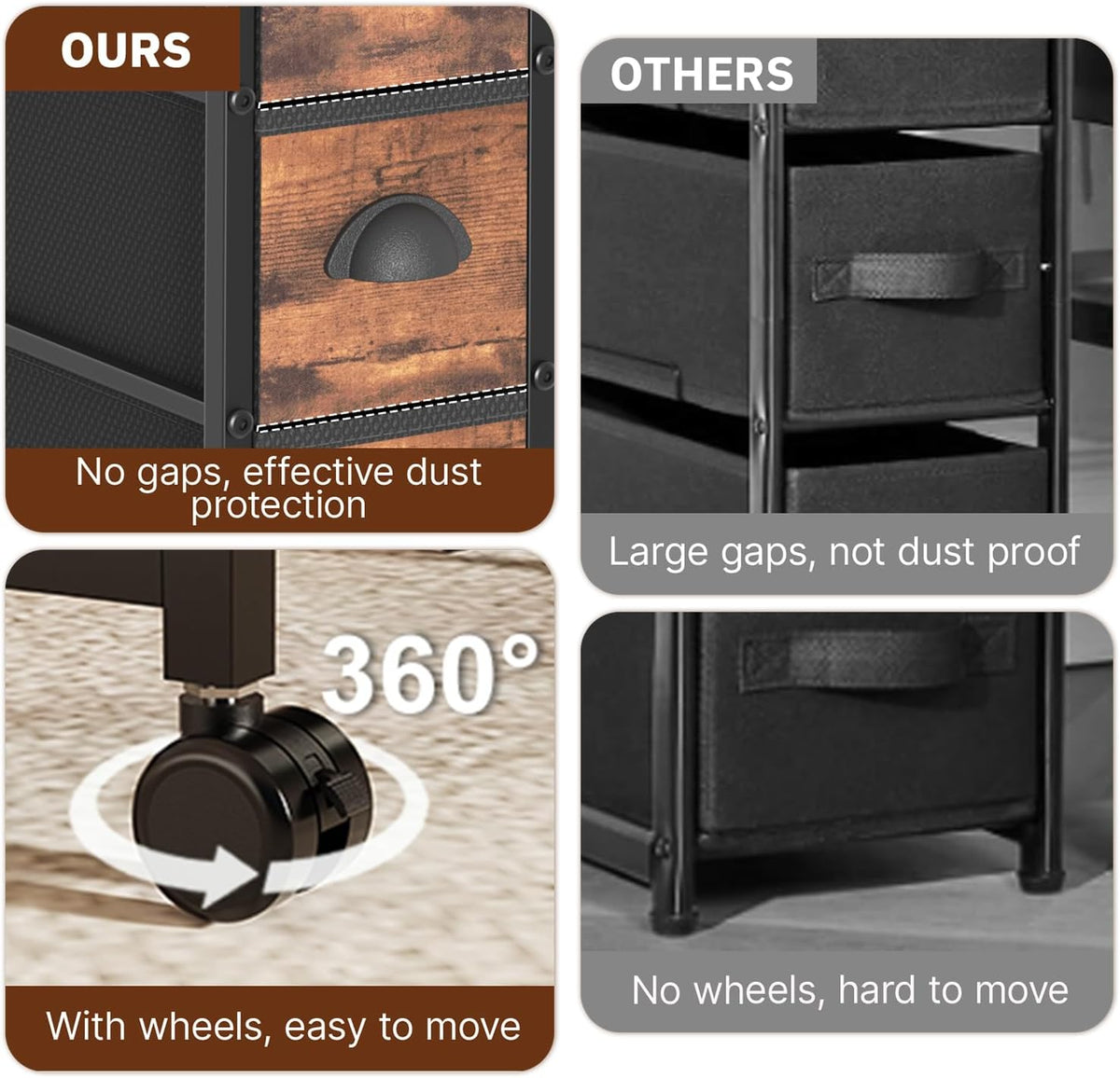3 Drawer Narrow Dresser Side End Table Small Spaces, Slim Nightstand Bedside Sofa Table with Wheels, Space Saving Skinny Thin Couch Desk with Storage Bag for Bedroom Living Room Bathroom,Black