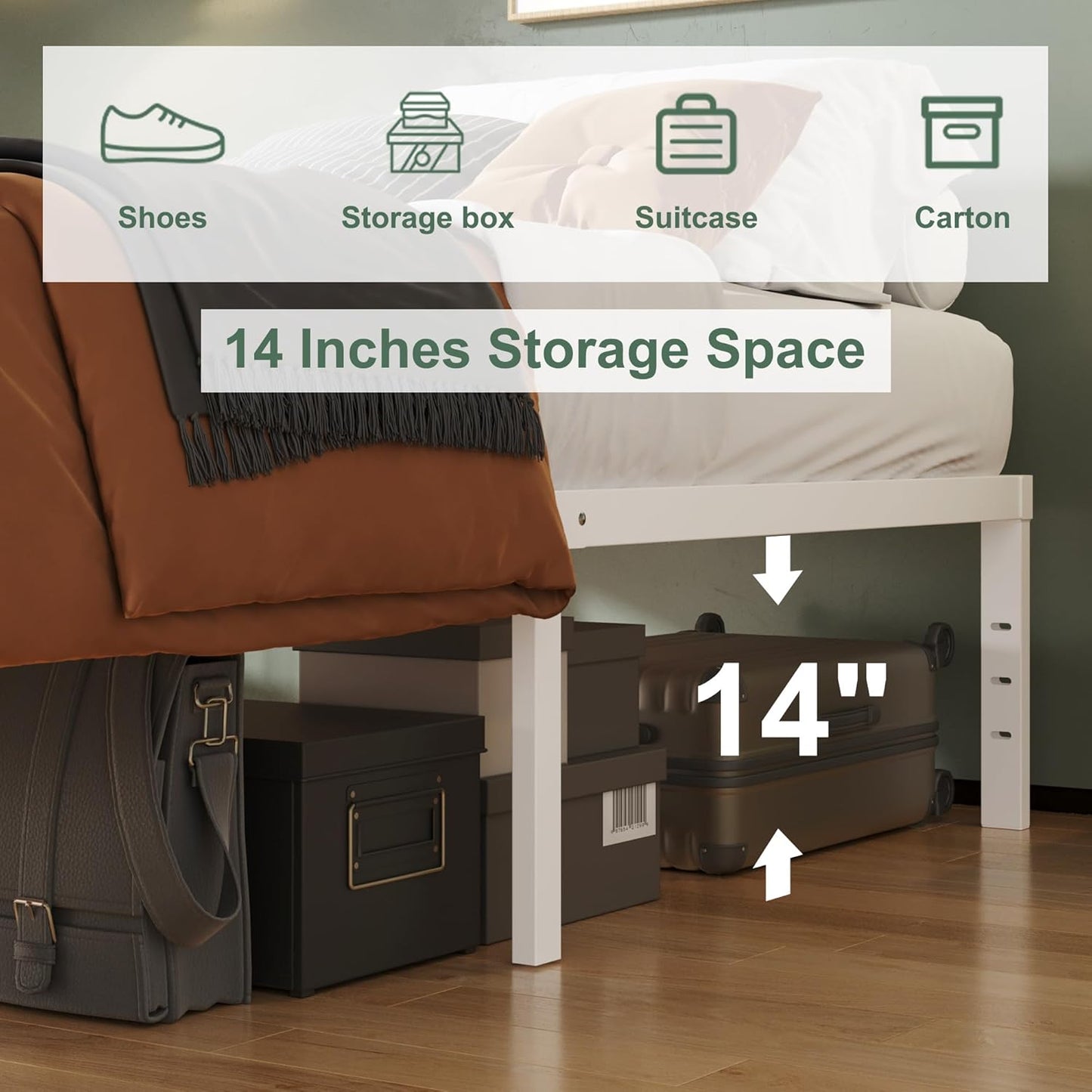 16 Inch White Twin Bed Frames No Box Spring Need, Metal Platform Bed Frame Twin Size Heavy Duty Mattress Foundation, Eassy Assembly 2,500 lbs Steel Slats Support