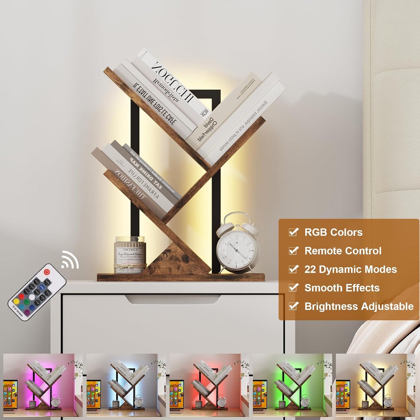 Tree Bookshelf with LED Lights, 3 Tier Floor Standing Bookcase, Classical Corner Shelf Kids Bookshelf, Tall Wood Book Storage for Bedroom, Living Room, Home Office, Brown