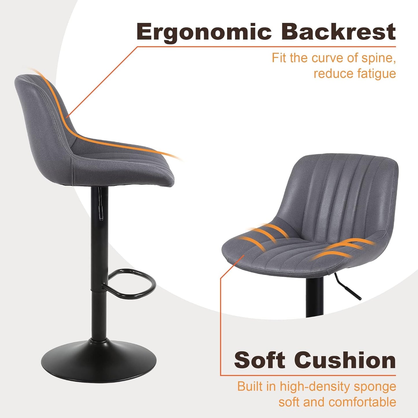 Bar Stools Set of 2, Swivel Counter Height Barstools with Back, Adjustable PU Leather Bar Chairs, Modern Armless Kitchen Island Stool, Dark Grey