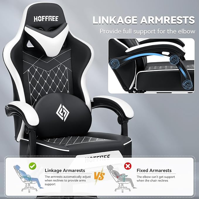 HOFFREE Gaming Chair with Speakers Massage Computer Gaming Chair with Pocket Spring Cushion for Adults Reclining Gamer Chair with Bluetooth Video Game Chairs with Footrest White and Black