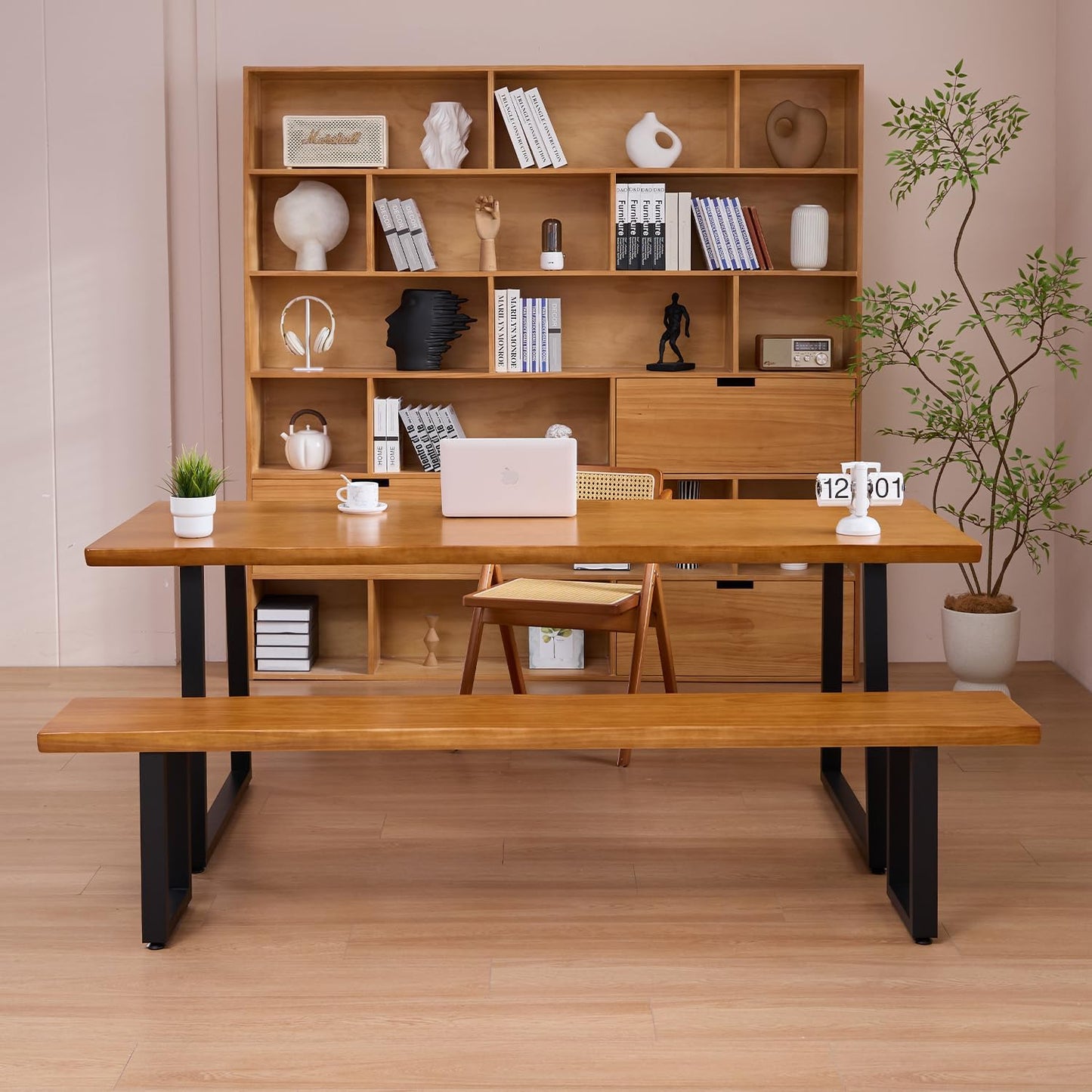 Solid Wood Administrative Computer Desk - Rustic Style Large Office Desk, Modern Minimalist Workstation for Home, Ideal for Learning, Writing, and Professional Use (Dark Yellow, 70.87in)