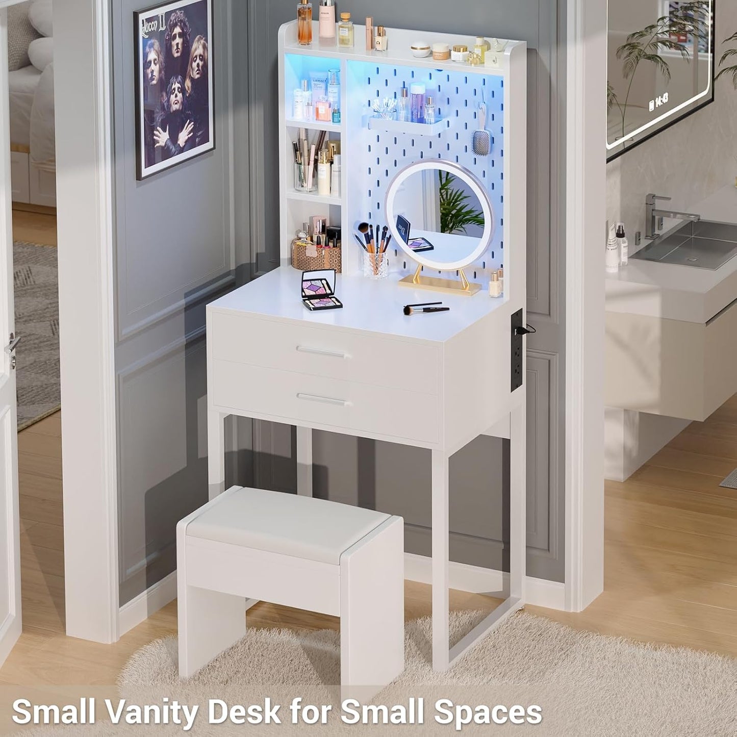 Small Vanity Desk with Hutch and Drawers, White Makeup Vanity Desk with Charging Station, Vanity Table Dressing Table with LED Lights, Vanity Desk No Mirror with Pegboard for Girls Women, 24"