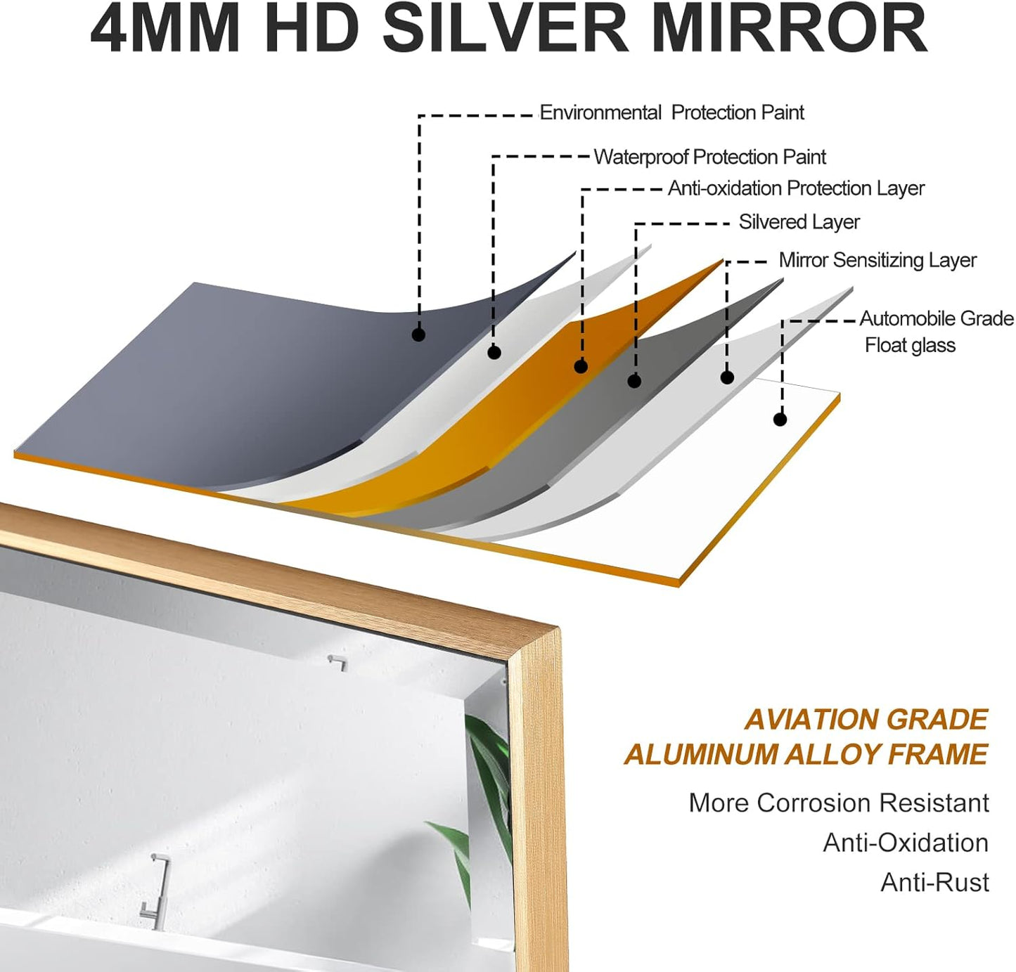 30x40 Inch Gold Mirror with Beveled Trim, Aluminum Frame Bathroom Vanity Mirror, Copper-Free Mirror, Rectangle Wall Mounted Mirror, Modern Rectangular Mirror Horizontal or Vertical