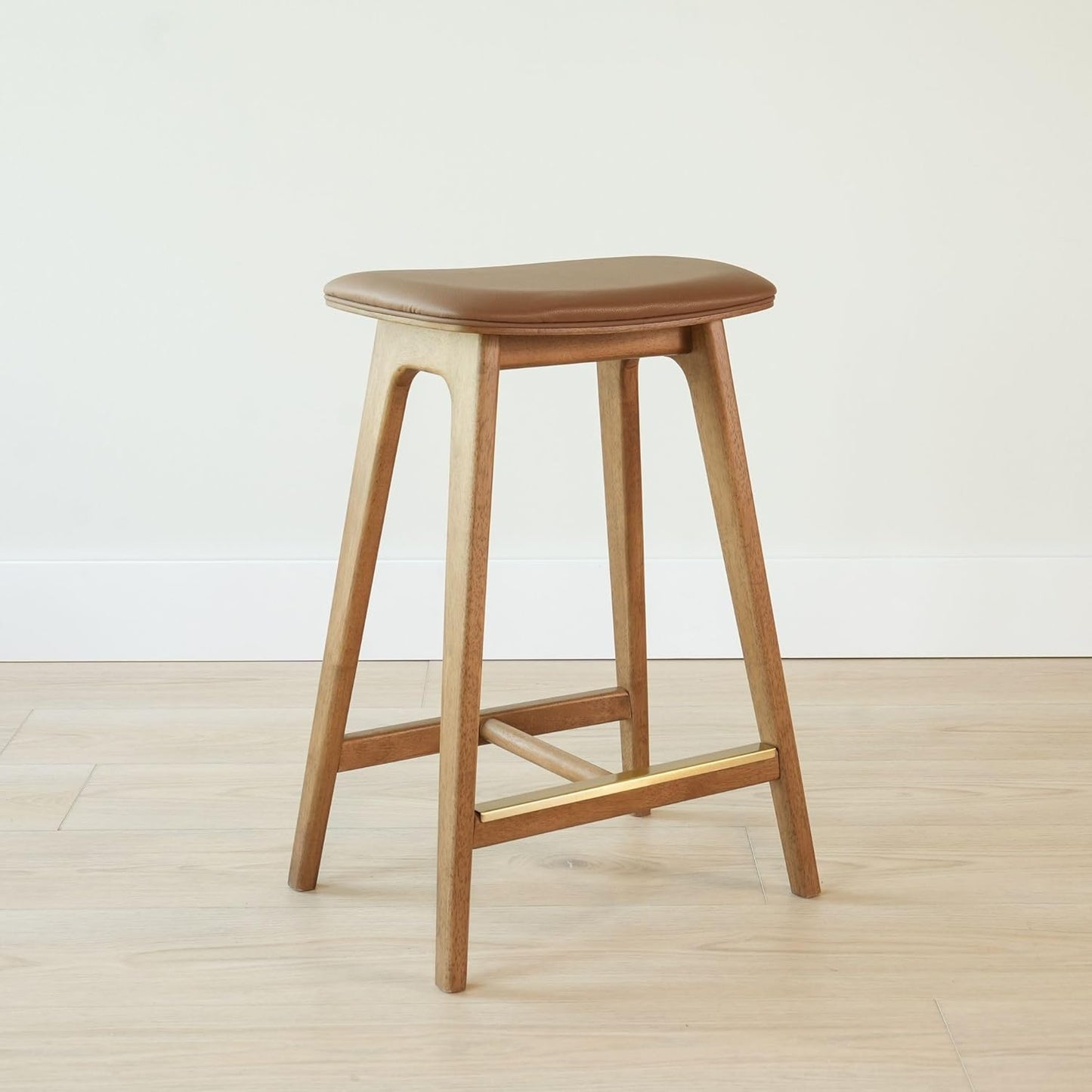 Plank+Beam Beryl Counter Height Stool - Mid-Century Modern Rubberwood Bar Stool with Faux Leather Seat, Metal Footrest, Easy Assembly, 2-Pack, Pecan/Toffee