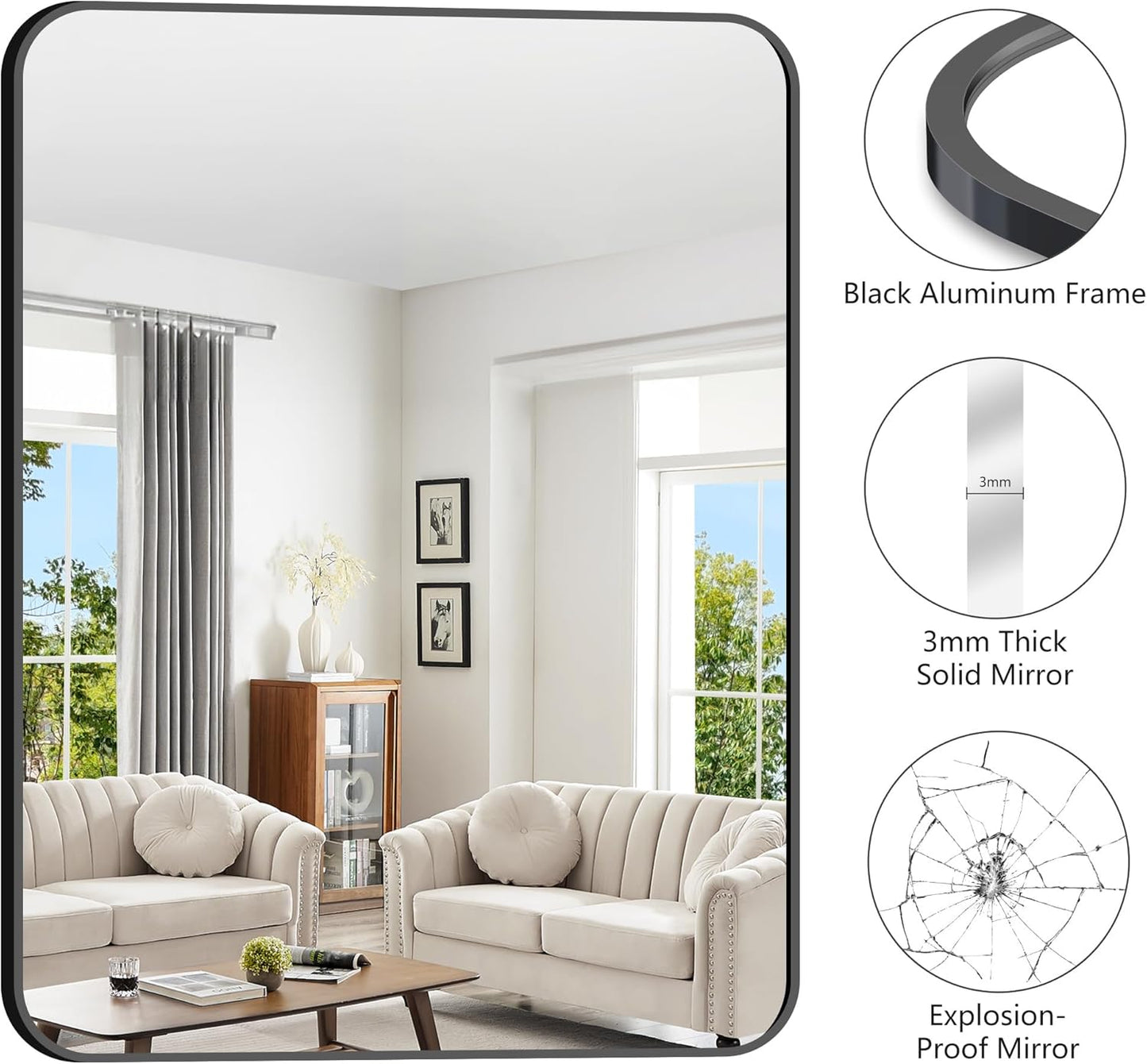 FORBATH Large Bathroom Mirror 48 x 36 Inches,Black Large Wall Mirror Aluminum Frame Wall Mounted Rounded Corner Morndern Mirror for Bathroom Bedroom Entryway Living Room