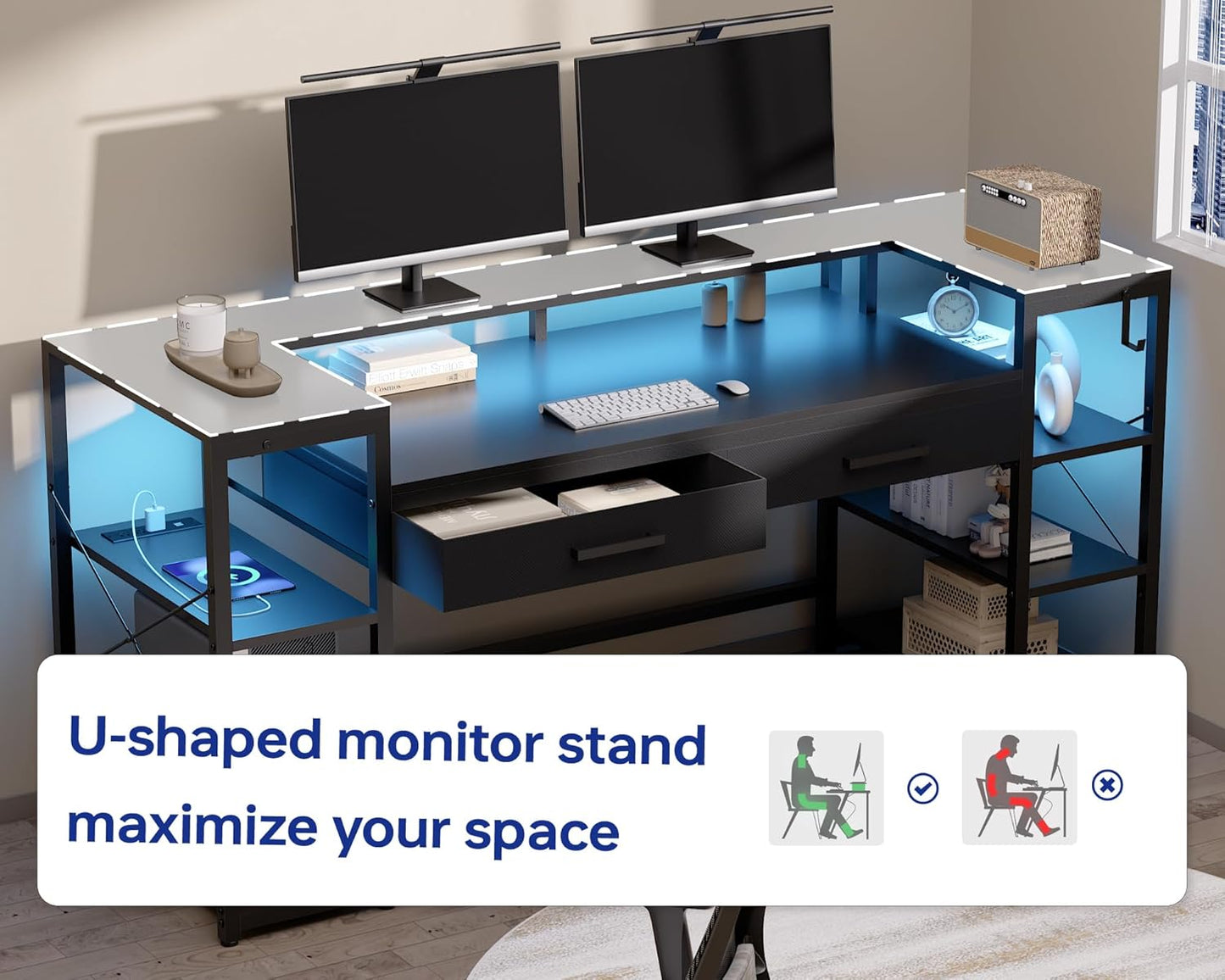 Pamray 58 Inch Computer Desk with Monitor Stand and Shelves Gaming Desk with LED Lights & Power Outlets PC Vanity Table with 2 Drawers for Home Office Pink