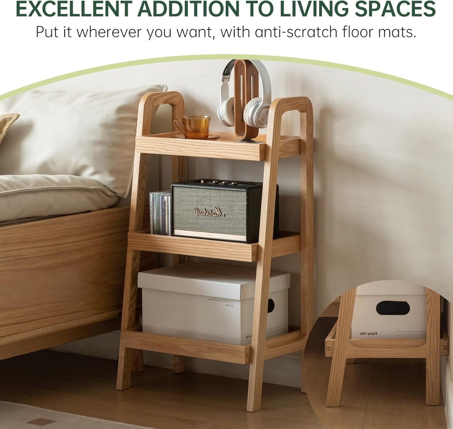 100% Solid Oak 3 Tier Ladder Shelf for Saving Space, Tall Nightstand with Stable Frame for Bedroom, Small Side Table for Living Room Office(Natural, 13.4" L x 25.6" W x 36.2" H)