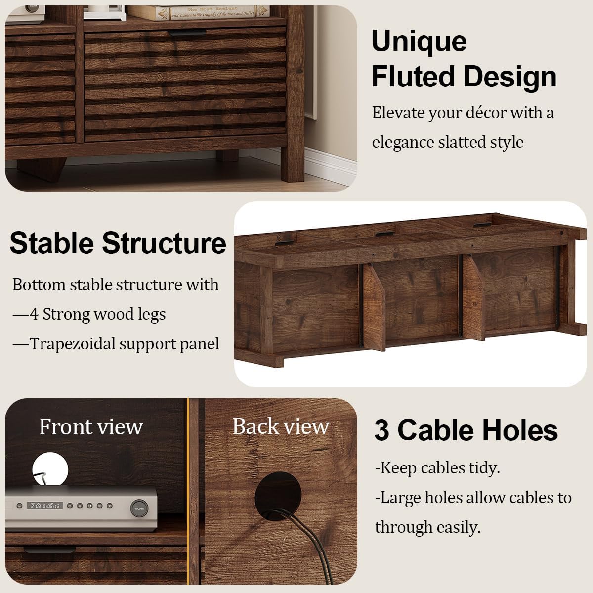 BON AUGURE TV Stand, Mid Century Modern Media Console for 65/55/50 Inch TVs, Wood Fluted Entertainment Center with Storage for Living Room, Bedroom (Rustic Oak)