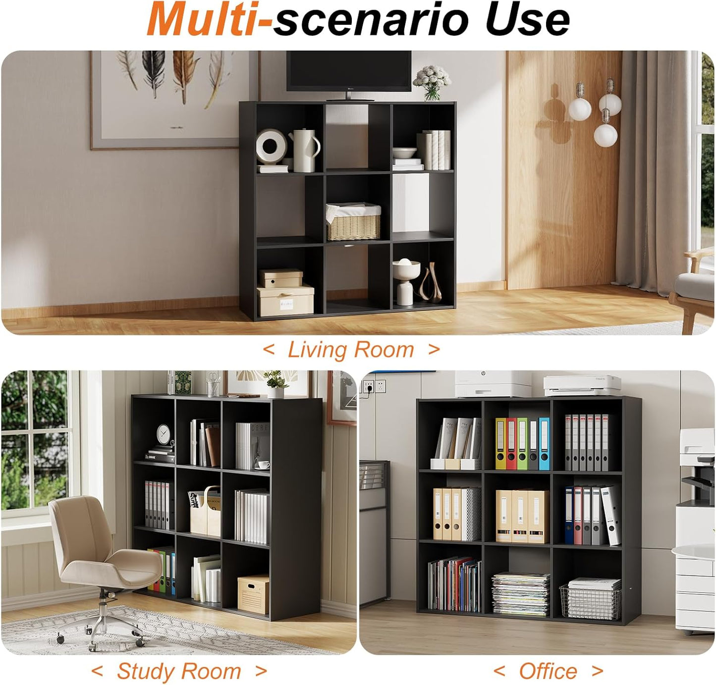 Sweetcrispy 9 Cube Storage Organizer - Open Cube Bookshelf with 5 Removable Back Panels, Display Storage Bookcase for Living Room, Bedroom, Entrance Hall, Home Office,36" L×11.6" W×36" H, Black