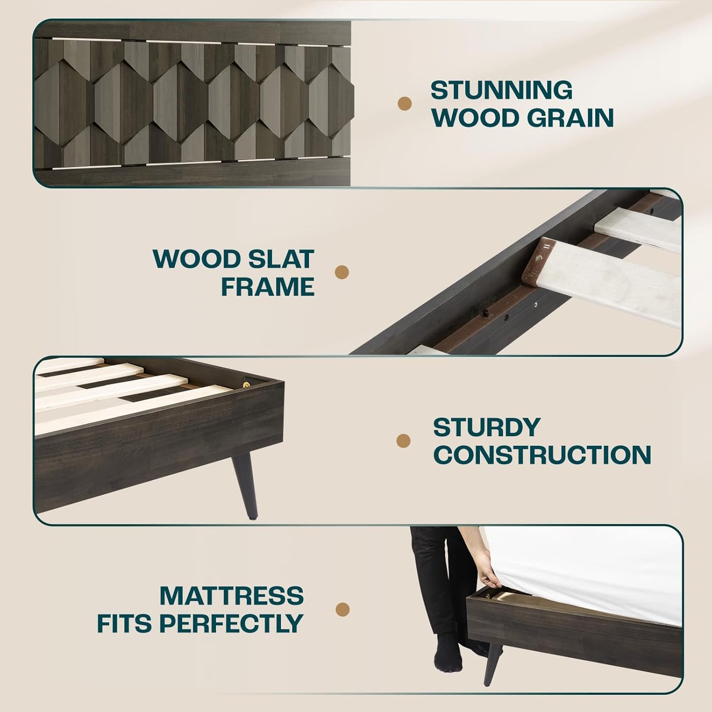 Bme Georgina Signature Mocha Bed Frame, Queen Bed Frame and Headboard Handcrafted Geometric, Mid Century Modern, Solid Acacia Wood, No Box Spring Needed, 12 Strong Wood Slats Support, Easy Assembly