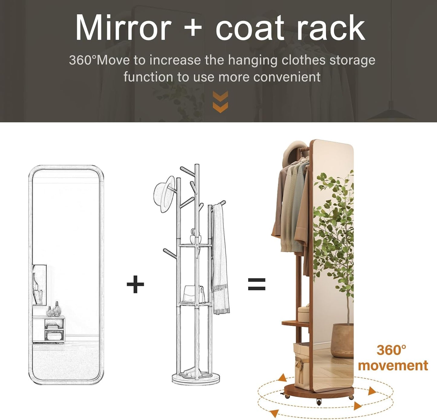 70"x16"Full Length Mirror with Stand,Coat Rack with Mirror,Solid Wood Floor Mirror,Swivel Mirrorfor Bedroom, Living Room, Cloakroom