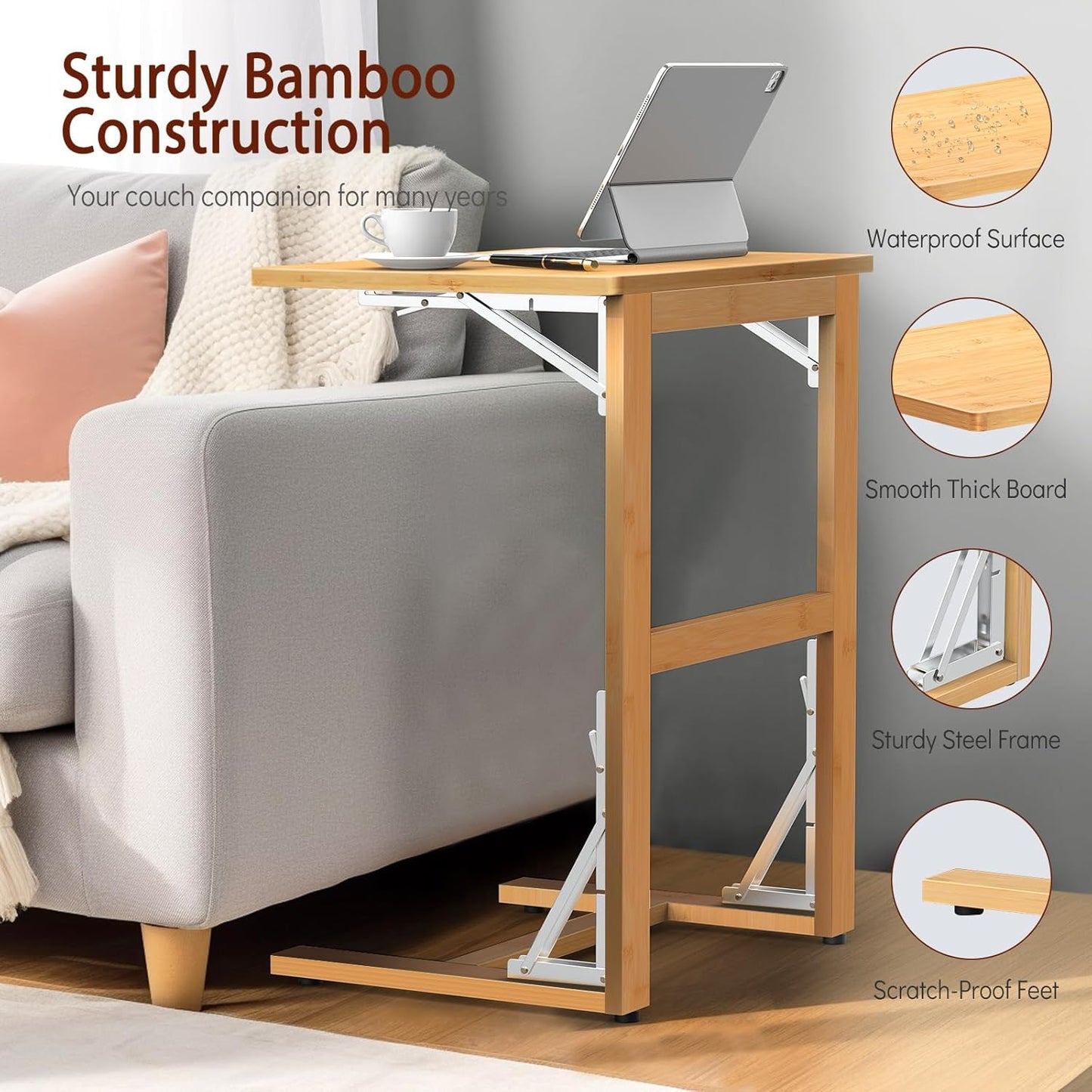Tatub 24'' Folding TV Tray Table, Foldable C Shaped End Table Slide Under Couch, Small Sofa Side Laptop Desk for Living Room, Bedroom, Nature
