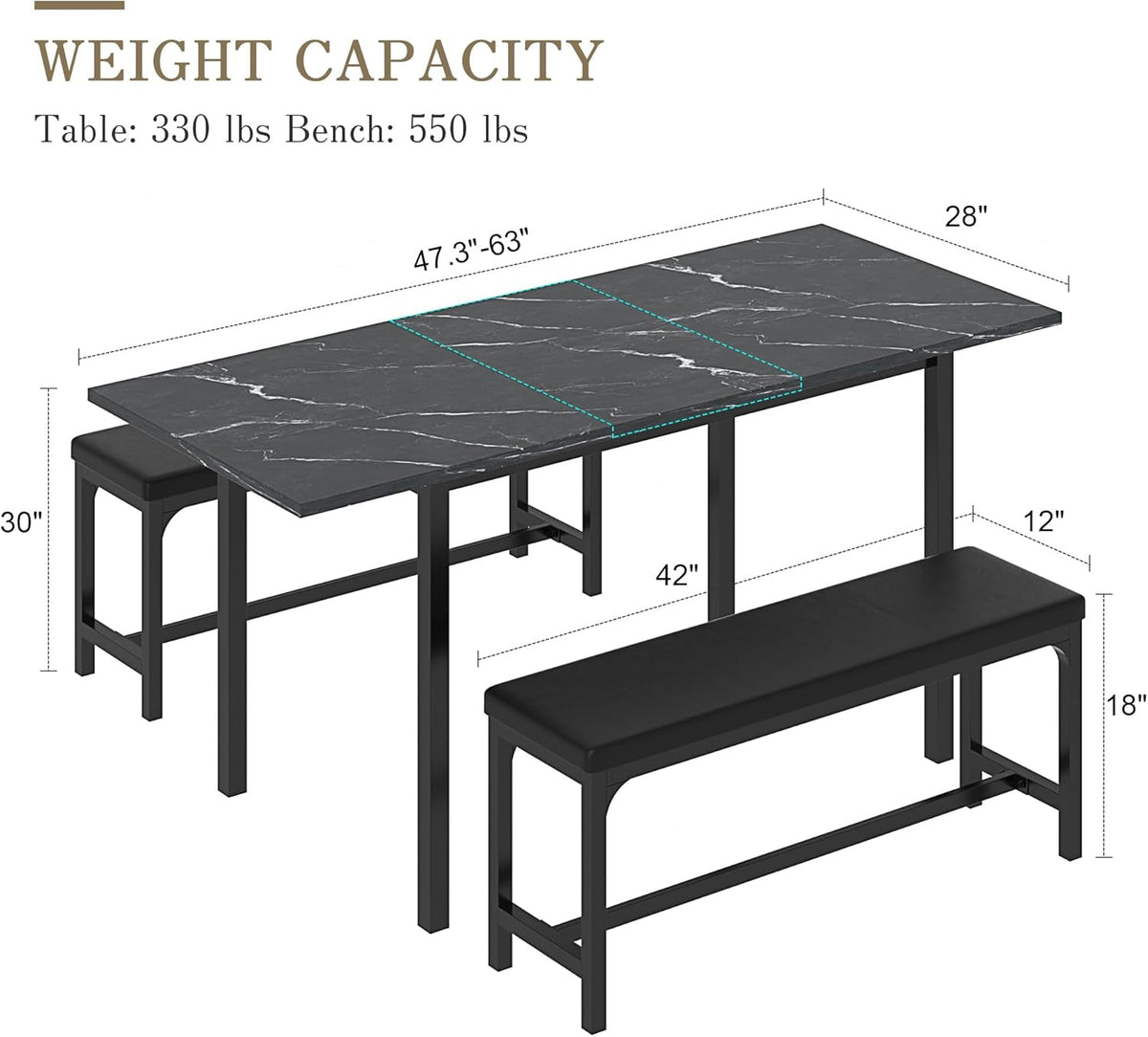 VECELO 3-Piece 63" Extendable Kitchen Table with Benches/Chairs, Modern Breakfast Dinette/Dining Room Set for 4/6/2, Small Space Saving Design, Easy Assembly