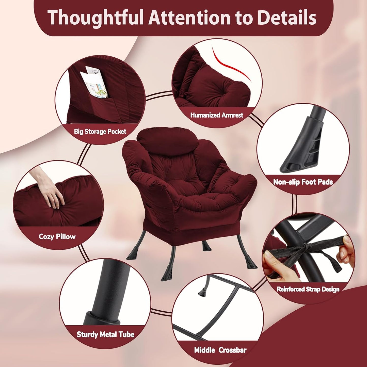 Lazy Chair Thick Padded, Comfy Velvet Accent Lounge Chair with Stable Frame, Leisure Sofa Armchair with Armrests and Side Pocket, Reading Chair for Bedroom, Living Room, Office, Burgundy