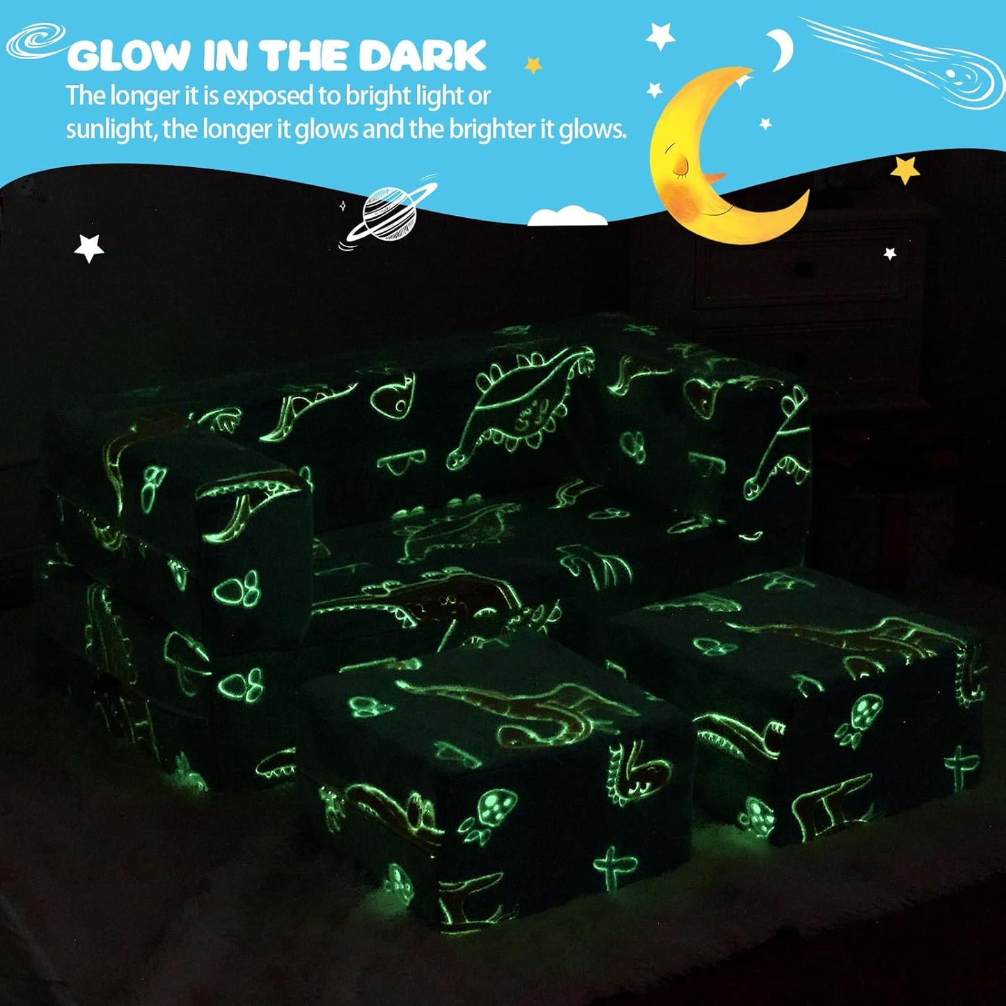 Kids Couch Sofa Modular Toddler Couch,Fold Out Kids Sofa, Blue Dinosaur