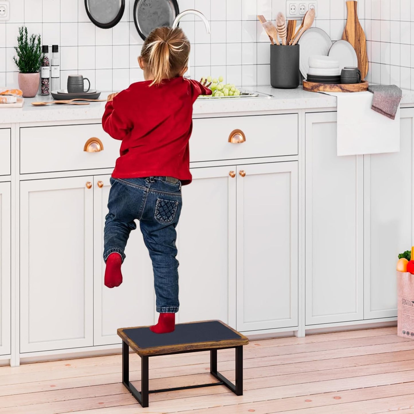 Wooden Step Stool with Non-Slip mat,Bed Steping Stool for Adult Hold up to 500lbs,Wood One Step for Kitchen, Bedroom, Living Room, Bathroom… (Brown)